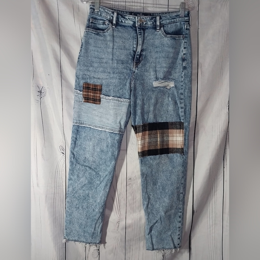 Hollister Ultra High-Rise Mom Jeans With Plaid Patchwork With Raw Hem
